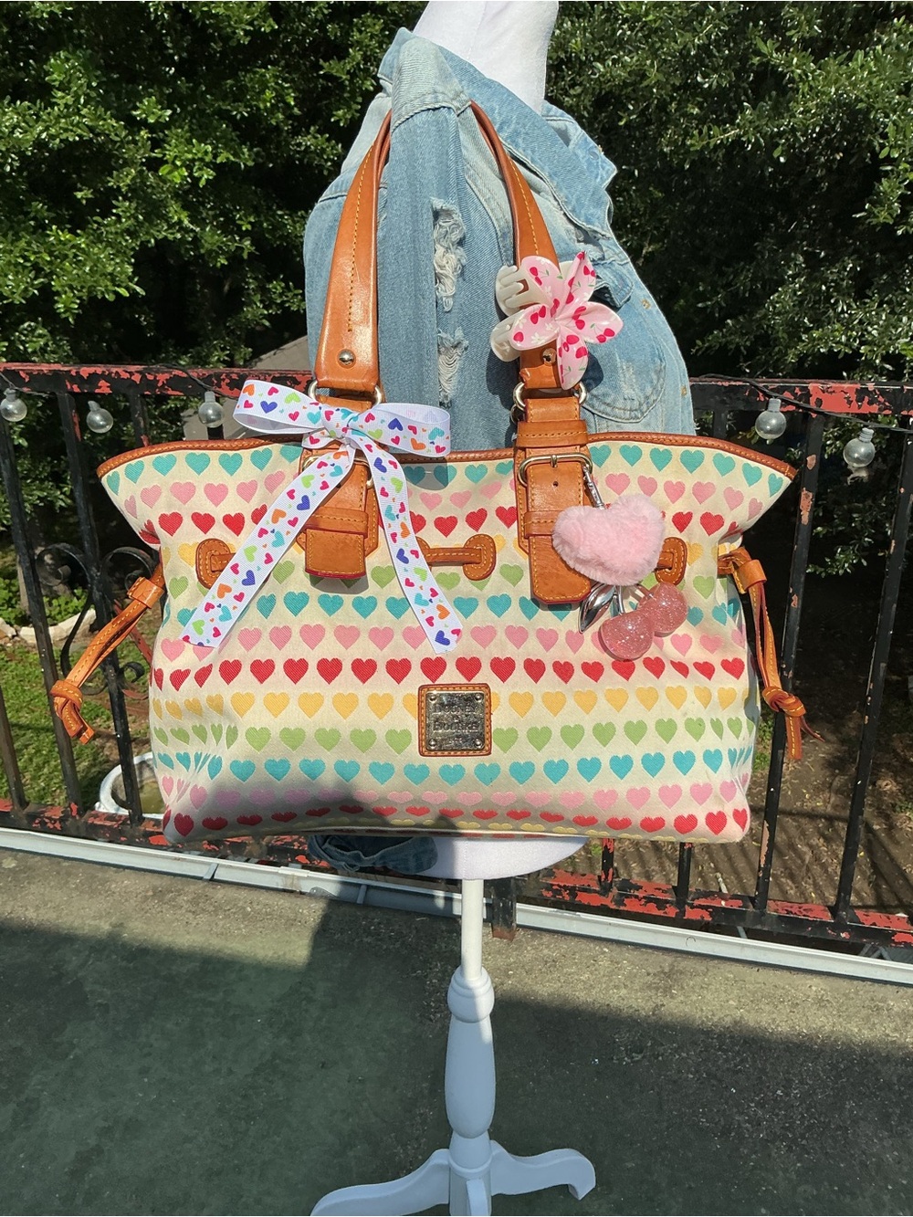 Dooney & Bourke Multicolor Heart Print Tote with Tan Handles